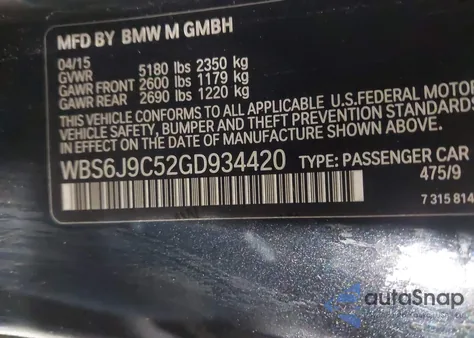 2016 BMW M6 из США, поврежденный, VIN WBS6J9C52GD934420